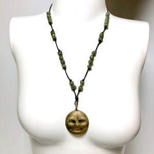 Modernist Brass Lunar Moon Face Pendant Necklace